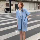 Sets Women Summer Simple Notched Short Sleeve Street Office Trendy Korean Style High Waist Baggy Cozy Female Two