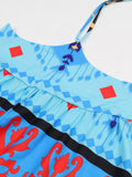Summer Colorful Print Dress Two Piece Set Sleeveless Sexy Deep V Top High Waist Hollow Dress Suit Beach Vacation Female