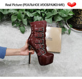 Onlymaker Women's Round Toe Wine Red Platform Side Zipper Thin Heel Thick Heel Short Boots Fashion Lady Booties Big