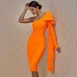 Runway Bownot One Sleeve Bandage Dress 2020 New Women Sexy One Shoulder Bandage Dress Bodycon Orange Club Party