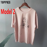 summer t-shirts character printing tops tees solid color white t-shirts women drinking girls