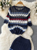 New Summer Beach Knitted Two Pieces Suits Loose T Shirt+Long Skirt Sets High Street Elastic Waist Striped Casual