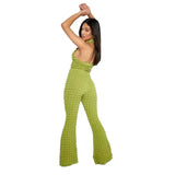 Popcorn Cloth Two Piece Set Women Sexy Cross Halter Backless Vest Crop Top Slim High Waist Flare Pants Fashion