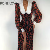 Women Elegant Vintage Puff Sleeves All Over Print with Disty Floral High Silt Maxi A-line Chiffon