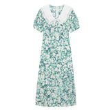 Vintage Broken Flowers Dress Lace Doll Collar Puff Short Sleeve Casual Fashion High Waist Baggy Long Skirt Ladies