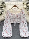 Summer French Style Print Short Blouse 2023 Long Sleeves Elastic Beach Top Women Fashion Backless Ruched Floral
