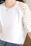 Hollow Short Sleeve White Blouse O Neck Women Simple T-shirt Elegant 2023 Tops New Casual Loose Ladies Shirt Blusas