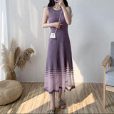 Women's Elegant Fashion Ice Silk Mesh Patchwork Knitted Long Dresses Ladies Sleeveless Temperament Slim Robe Casual