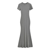 Zingj Trendy Women's Dress Sexy High Waist Hip Fishtail Skirt Temperament Solid Color Short-Sleeved Round-Neck Dress Long