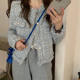 New Fashion Korean Chic Vintage Tweed Woolen Jacket Coat Women Autumn Single Breasted Plaid Tassel Office Lady