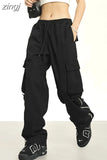 Streetwear Hip Hop Women Cargo Pants American Retro Pockets Loose Bf Wide Leg Pants Chic Casual Lady Y2K Zipper