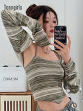 Grunge Tie Dye T Shirt Women Two Piece Tops Y2k Vintage T-shirt E Girl Striped Crop Tops Lace Up Tee Shirts Beach