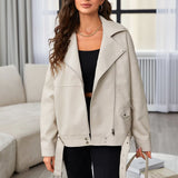 Autumn Dress Wash PU Leather Lapel Loose Large Version Leather Coat Female
