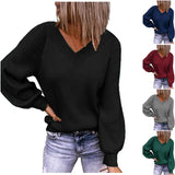 Zingj And Winter New Large Size Loose Sweater V-Neck Pure Color Pullover Sweater Female-Outfit