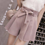 New Korean Chic Lace-Up Bowknot High Waist Shorts Womens Fashion Pleated Wide Leg Shorts Summer Casual Loose