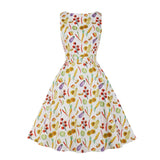 Vintage Women Sleeveless Swing Dresses Summer Casual Elegant Office Flower Print Female Fashion Retro Pleated