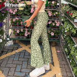 Floral Vintage High Waist Pants Women Casual Elegant Skinny Long Trousers Ladies 90s Fashion Sweatpants