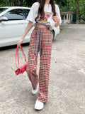 Streetwear Women Black and Pink Plaid Pants Harajuku Loose Pockets Wide Leg Pants Retro Lace Up Student Straight