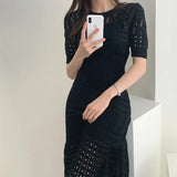 Hollow Out Women Knit Short Sleeve High Waist Bandage With Vest Midi Female Fashion Chic