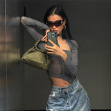 2025 Fashion Trend Women's New Long-Sleeved Square Necker Repair Exposed Umbilly Mesh Perspective