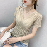 Women lace tops New Arrivals Summer short sleeve v-neck women blouse shirt Sexy Hollow out lace tops plus size