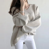 V-Neck Solid Color Loose SweaterOutfit