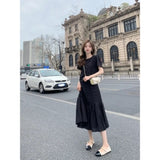 White Short Sleeve Dress Female Summer 2023 New French Sweet Temperament O-Neck Solid Women Clothes Black Midi