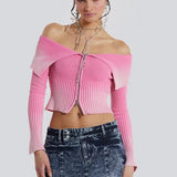 Zingj And Winter 2023 New Gradient Vintage Zipper One-Word Shoulder Lapel Sweater Female