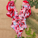 New Sexy V-Neck Lace One Piece Swimsuit Ruffle Swimwear Women Bandage Bathing Suit Beachwear Print Monokini