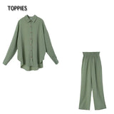 2021 Women Two Piece Set Casual Shirt Office Lady Long Sleeve Blouse Chic Elastic Waist Summer Long Trousers