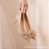 Heels Female Fine Tip Sexy Golden Wedding Shoes Bridesmaids Show Hedley French Girl Bow Silver Single