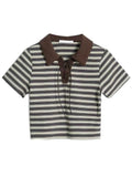 Women Tops Fashion Sweet Lapel Short-Sleeved Striped Soft Fashion Casual Loose Bandage Clothes Preppy Style Crop Shirt