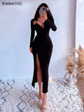 Christmas Midi Dress Women High Split Drawstring Folds Hollow Out Elegant Bodycon Sexy Party Prom New Year Dress