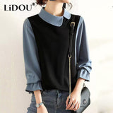 Korean Doll Collar Office Lady Fake Two Piece Long Sleeve Blouses Elegant Fashion Pullover Tops Women Loose Casual