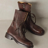 British Square Head Soft Leather Martens Women's Autumn 2025 New Ankle Boots Tie Belt Middle Tube Knight Western Cowboy