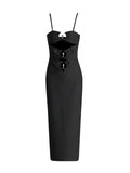 Small Metal Buckle Decoration Sexy Hollow Black Sling Dress Open Breast Design High-Leach Banded