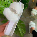 Thick Bottom Water Drill Fur Slippers Women's Autumn New Flat Bottom One-Word Drag Large Size Women's