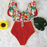 Ruffled Hem Bikini Set Women Flora V-Neck High-Waisted Two Piece Swimsuit 2023 Girl Beach Bathing Suit Swimwear