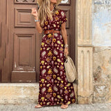 2020 Bohemian Summer Casual Belt Print Split Women's Dress Fashion Sexy Deep V Neck Short Sleeve Ladies Dresses