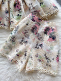 Flower Embroidery Lace Shorts Set Women Short Sleeve Hollow Out Ruffles Shirt Top+Wide Leg Shorts Summer 2 Piece