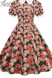 Women Vintage Dress Floral Print Peter pan Collar Elegant Party Dress Puff Short Sleeve Pin Up 50s Party Sundress