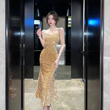 Sequins Midi Dresses for Women 2023 French Style Velvet Sleeveless Backless Slim Female Clothes Elegant Party Evening
