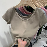V-Neck Shoulder T-Shirt Women's Short-Sleeved Summer New Slim And Skinny Short-Bottomed
