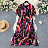 Zingj Dress Women's 2024 Summer Dress New Loose Leisure Fashion Print Medium-Long Bubble Sleeve Holiday