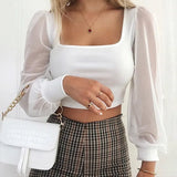 Women Blouses Mesh See Through Puff Long Sleeve Crop Tops Office Lady Shirts Square Collar Tops Black White Tops Ropa