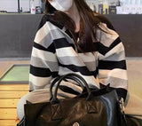 Vintage Striped Print Half Zip Oversized Sweatshirt-Outfit