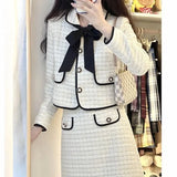 2023 Spring and Autumn New Style Small Fragrance Fashion Suit Skirt Women's Sweet Bow Tie Suit Jacket Skirt Two-piece