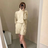 Winter Ladies 2 Pieces Knitted Set Long Sleeve Tutleneck & Drawstring Shorts Casual Women Sweater