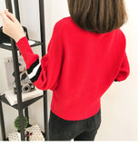 autumn new vertical stripe contrast loose pullover sweater women short bat sleeve