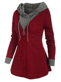 Autumn Sweater Women Colorblock Zip Embellished Hooded Sweater Oversized Warm Female Pullovers Casual Jumper